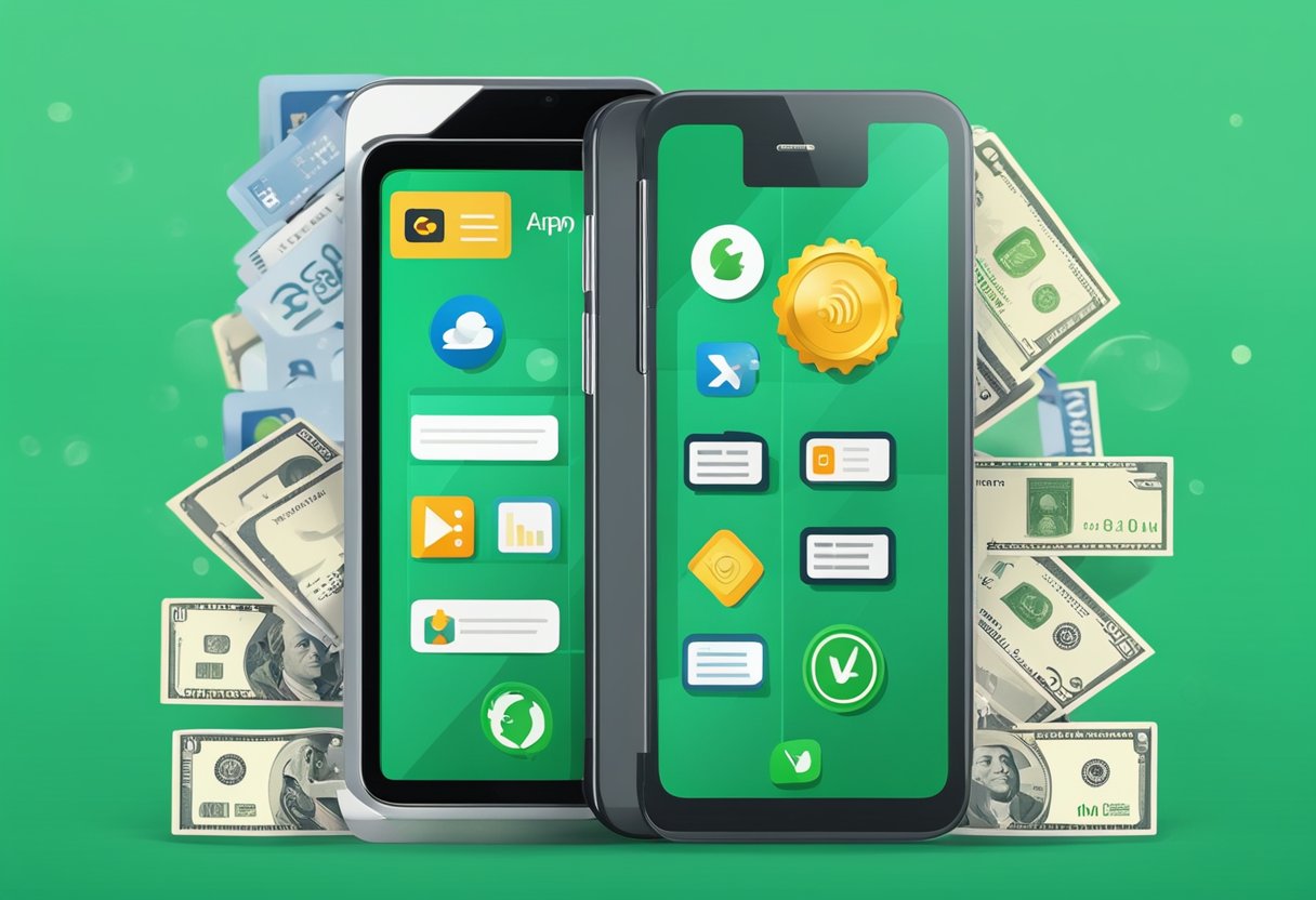 Um smartphone exibindo o aplicativo Caixa Tem com um botão "Abrir uma conta" destacado, cercado por ícones financeiros e um checkmark verde.