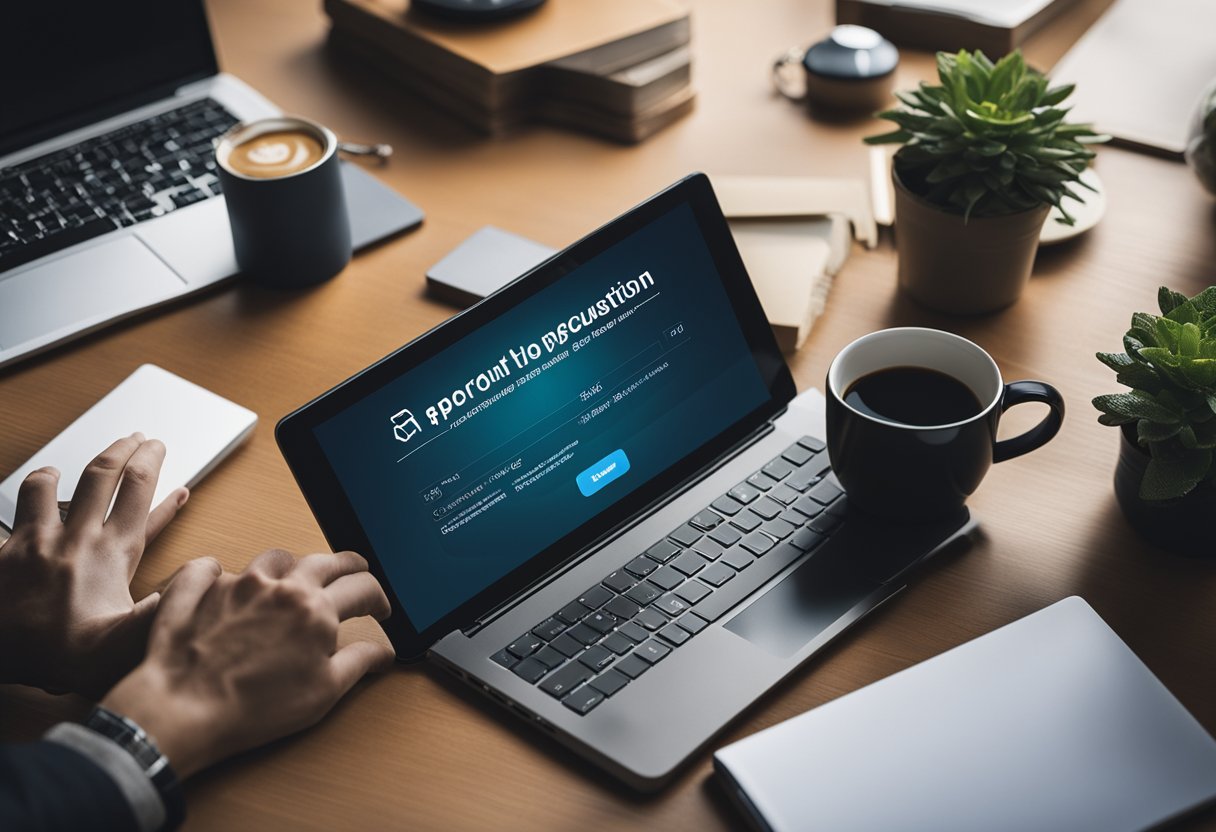 Uma pessoa sentada em uma mesa com um laptop e um smartphone, inserindo informações pessoais no aplicativo Caixa Tem para abrir uma conta.