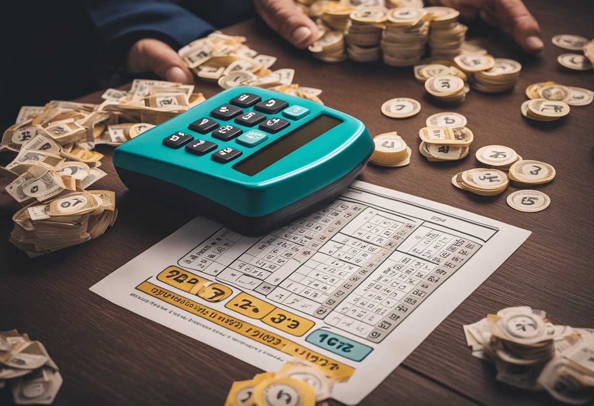 Uma mão preenchendo um bilhete da Lotofácil com 12 números circulados, cercada por uma mesa coberta de bilhetes de loteria e uma calculadora.