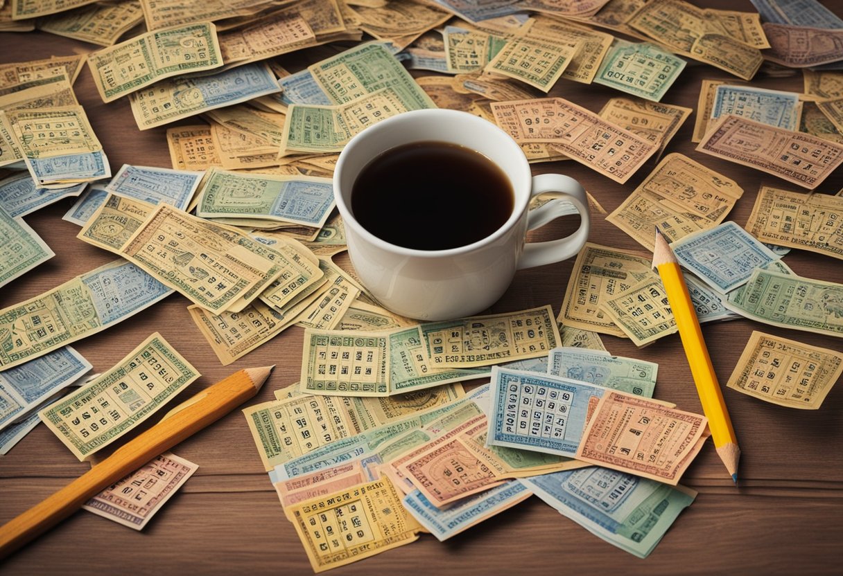 Uma mesa coberta com bilhetes de loteria, um lápis e uma calculadora. Uma pessoa estudando números e marcando escolhas.