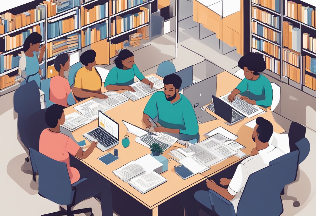 A group of curriculum creators brainstorm and collaborate on new educational materials, surrounded by books, computers, and research notes