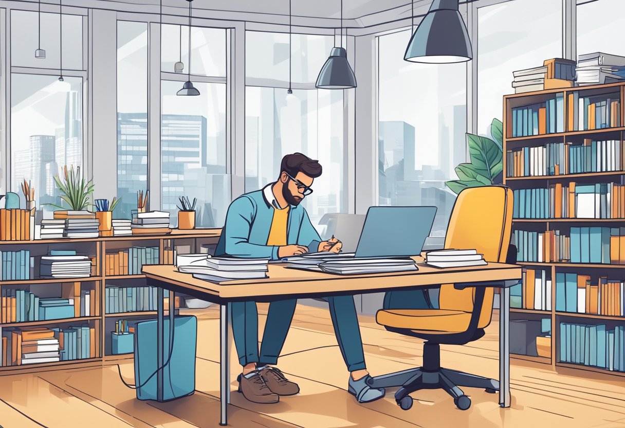 A curriculum creator diligently researching and brainstorming ideas, surrounded by books, charts, and technological tools in a bright, modern office space