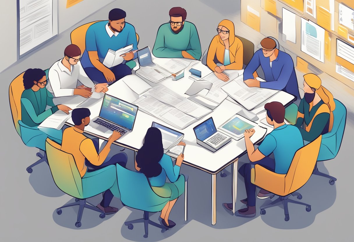 A group of curriculum creators brainstorming and collaborating on a project, surrounded by research materials and technology