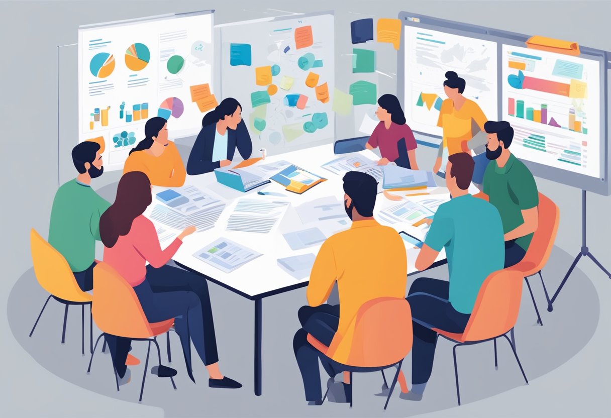 A group of curriculum creators brainstorming and collaborating on a whiteboard, surrounded by books, research papers, and charts