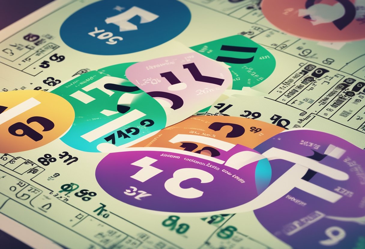 Um bilhete de loteria com 11 números selecionados circulados, cercado por números riscados e uma calculadora com cálculos.