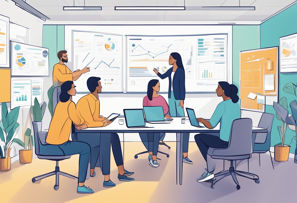 A group of curriculum creators brainstorming and collaborating in a modern office setting, surrounded by whiteboards, charts, and technology