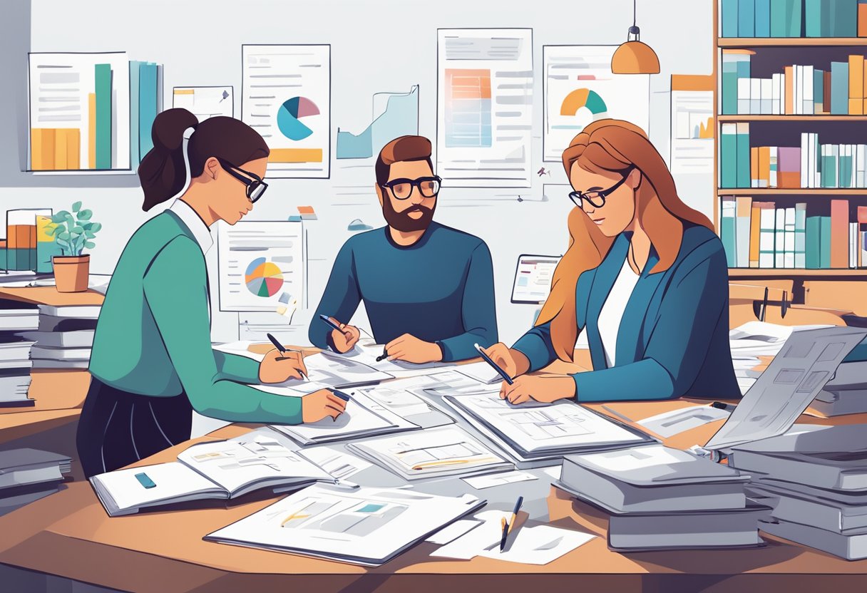 A team of curriculum creators collaborate in a bright, modern office, surrounded by stacks of research materials and innovative technological tools. They are engaged in brainstorming and problem-solving, with charts and diagrams spread out across the table