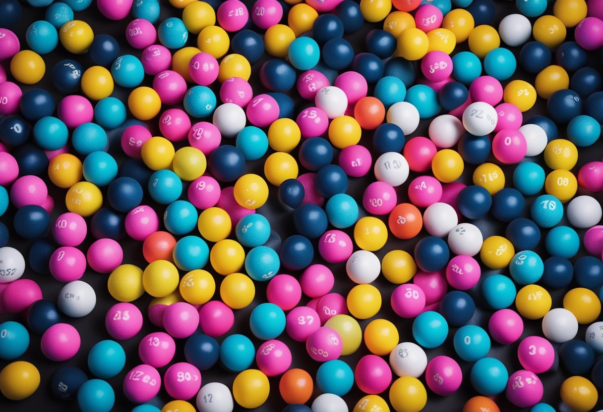 Uma pilha de 100 bolas numeradas, com 20 delas destacadas em uma cor diferente para representar palpites bem-sucedidos em um jogo de previsões.