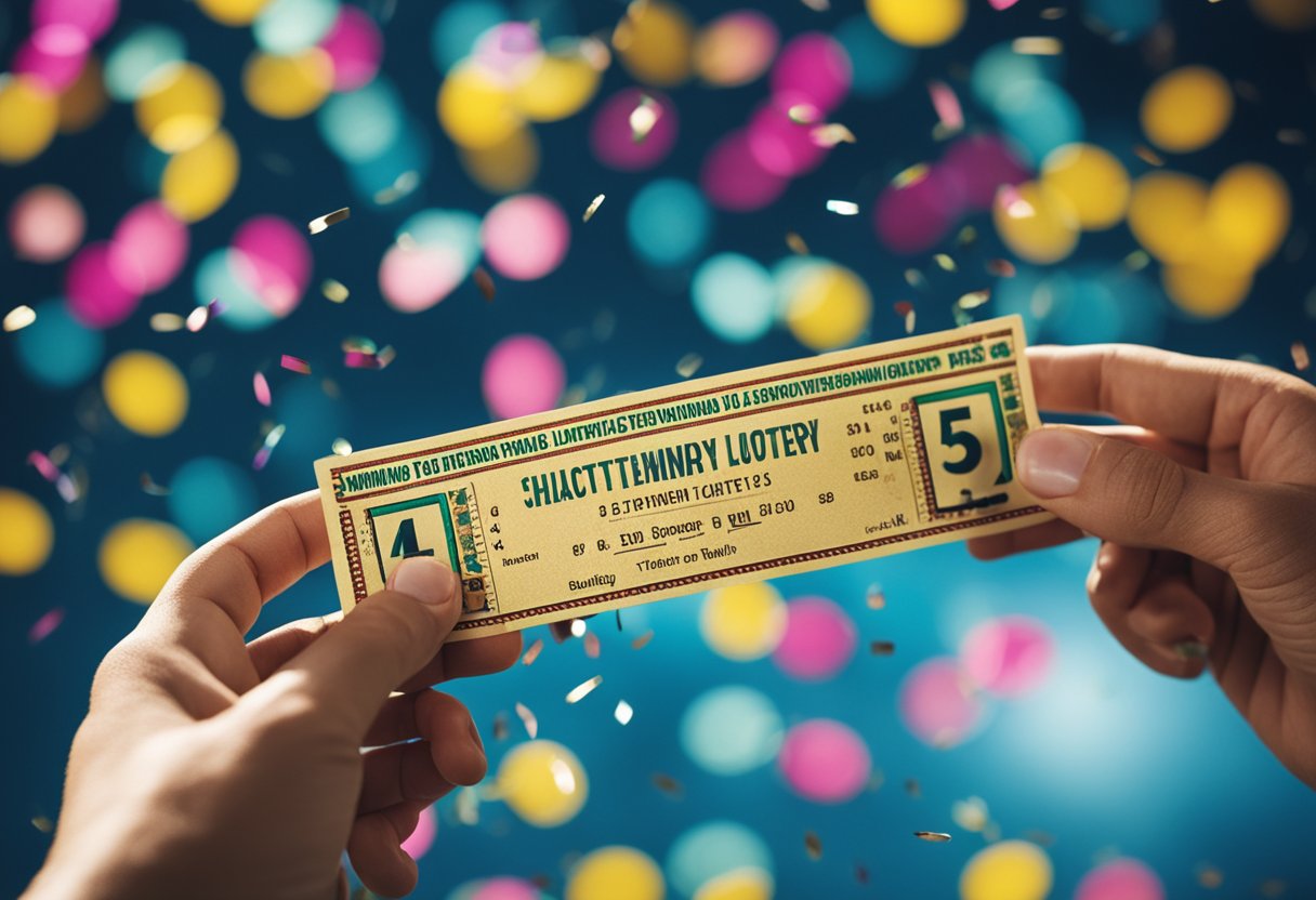 Uma pessoa segurando um bilhete de loteria premiado com quatro números circulados, cercada por confetes coloridos e uma atmosfera de celebração