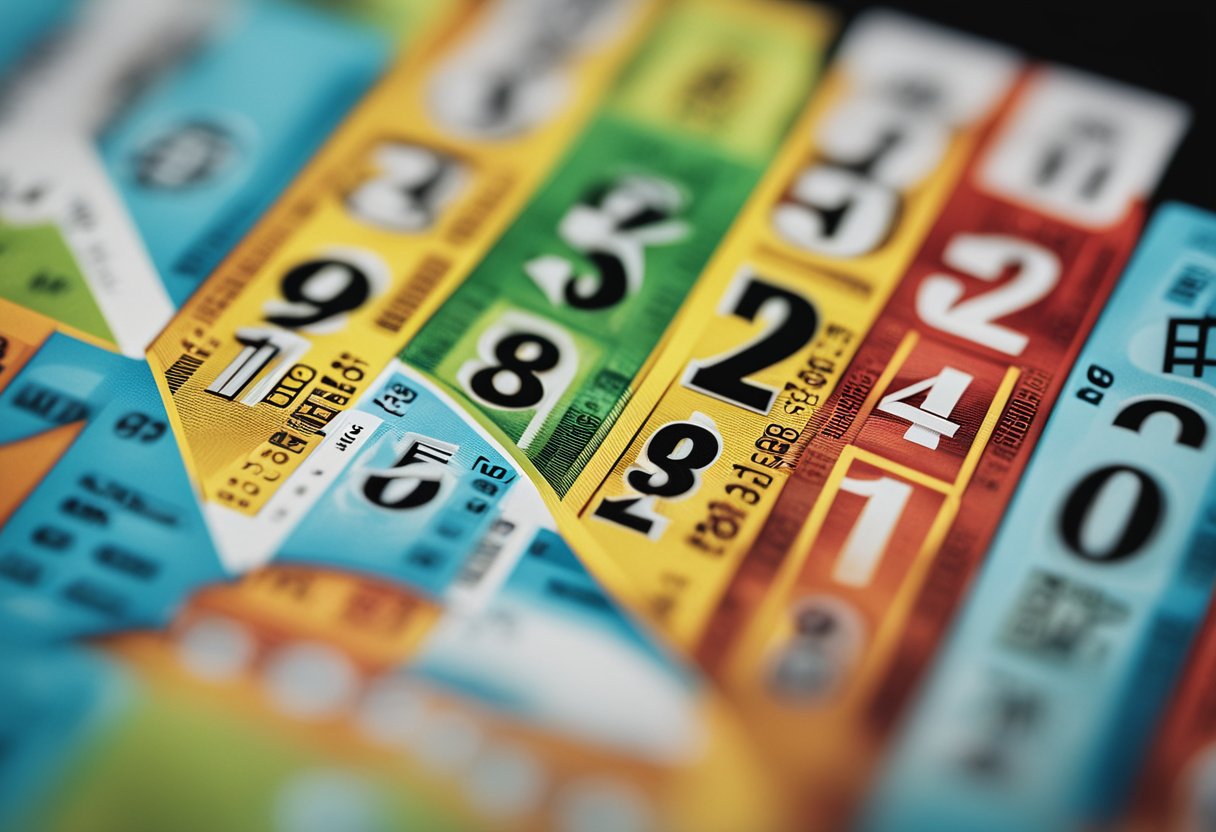 Um bilhete de loteria colorido com quatro números correspondentes e um valor ganho exibido em uma tela digital