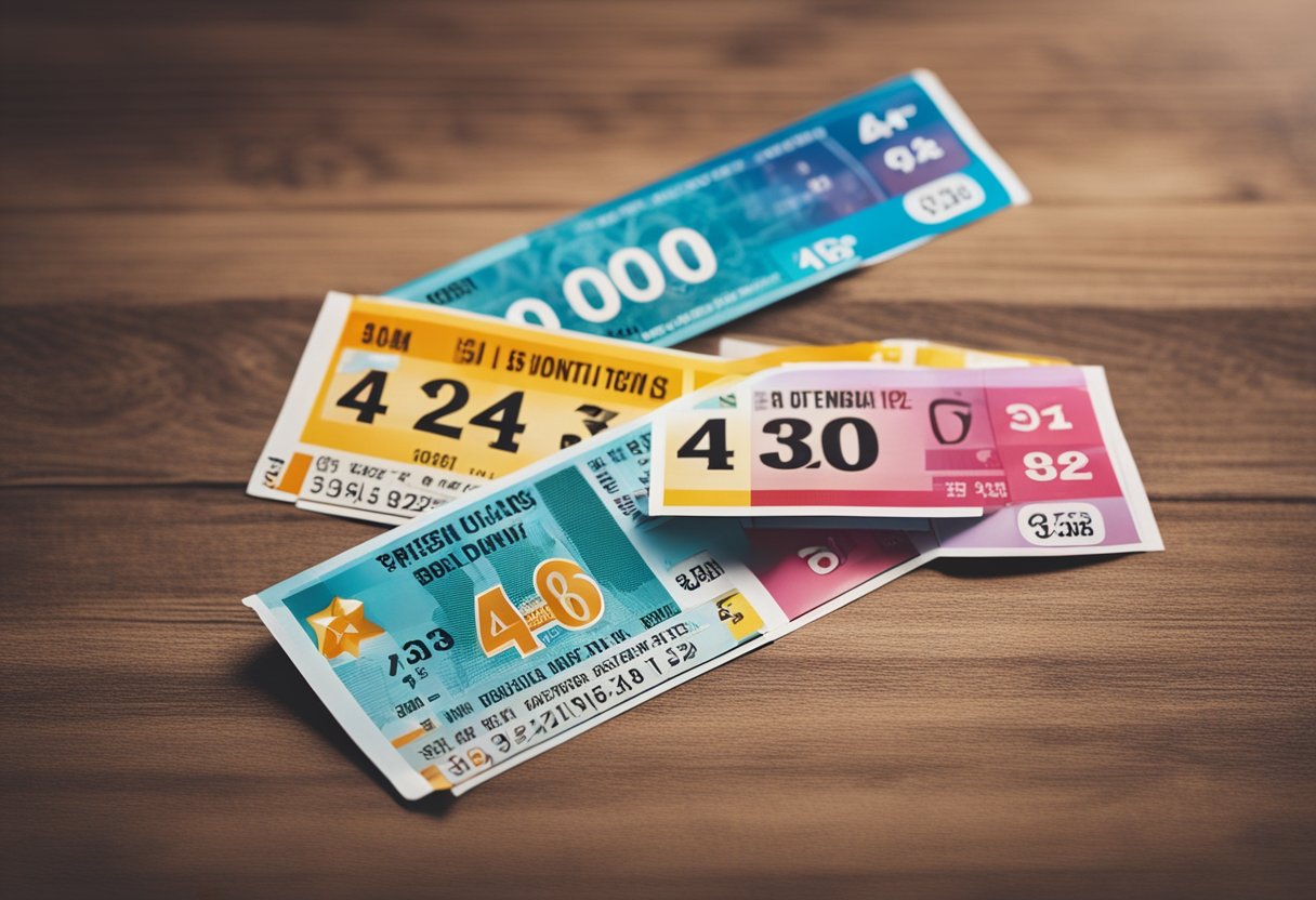 Um bilhete de loteria colorido com quatro números correspondentes e um valor de prêmio exibido