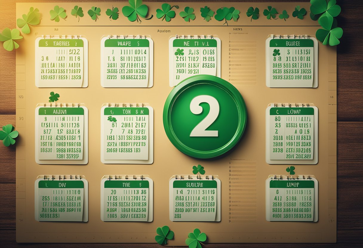 Um calendário com um círculo ao redor de uma data específica, cercado por símbolos de sorte como ferraduras, trevos de quatro folhas e números da sorte.