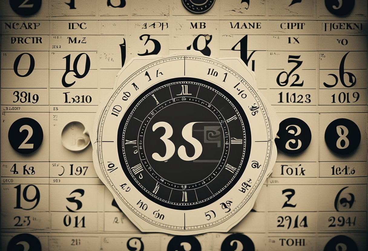 Um calendário com a data destacada em um círculo, cercada por símbolos de sorte como ferraduras, trevos e números da sorte