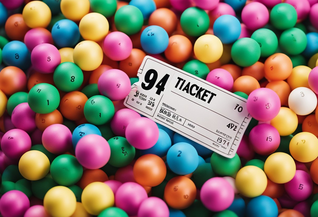 Um bilhete com 9 números vencedores cercados por bolas de loteria coloridas