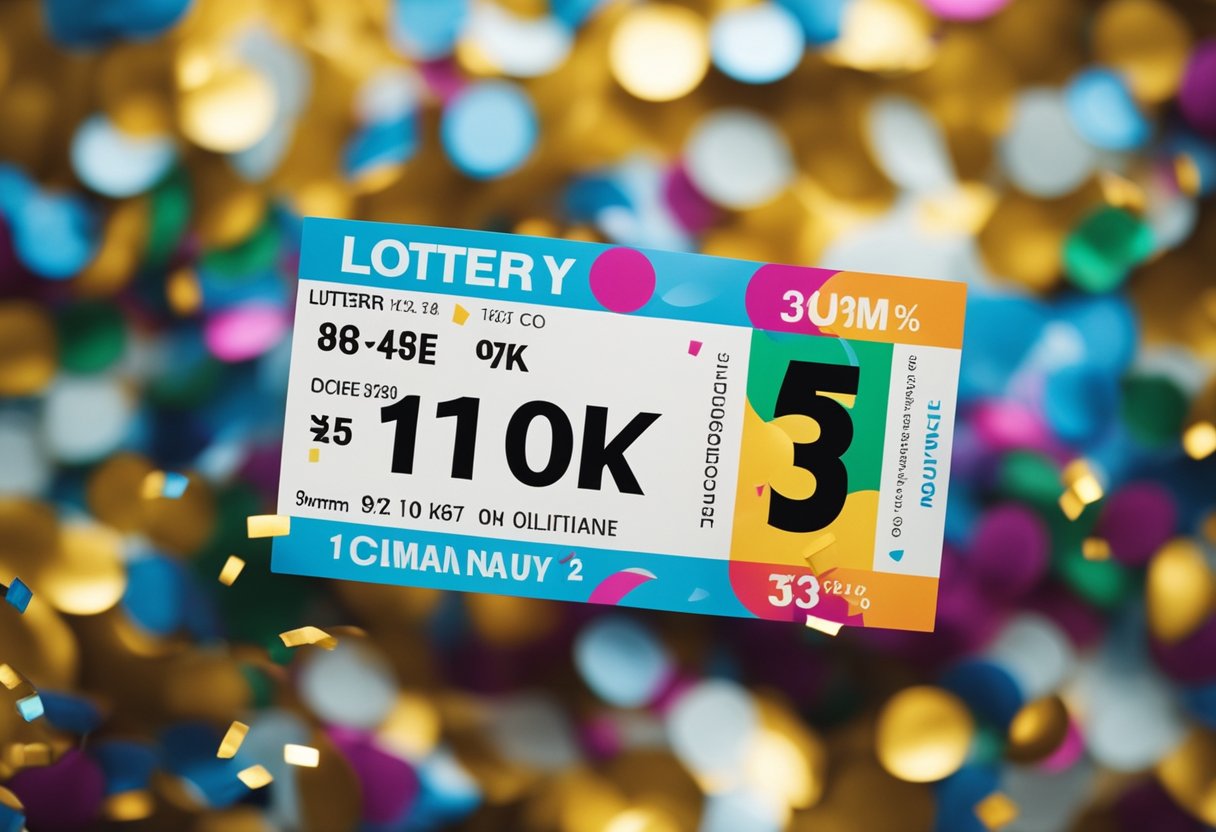 Um bilhete de loteria com 9 números marcados, cercado por confetes coloridos e uma atmosfera de celebração
