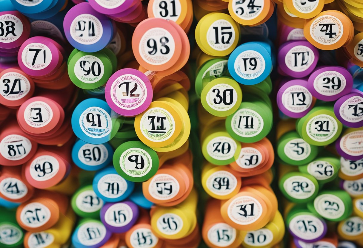Um bilhete de loteria colorido com 9 números vencedores exibidos