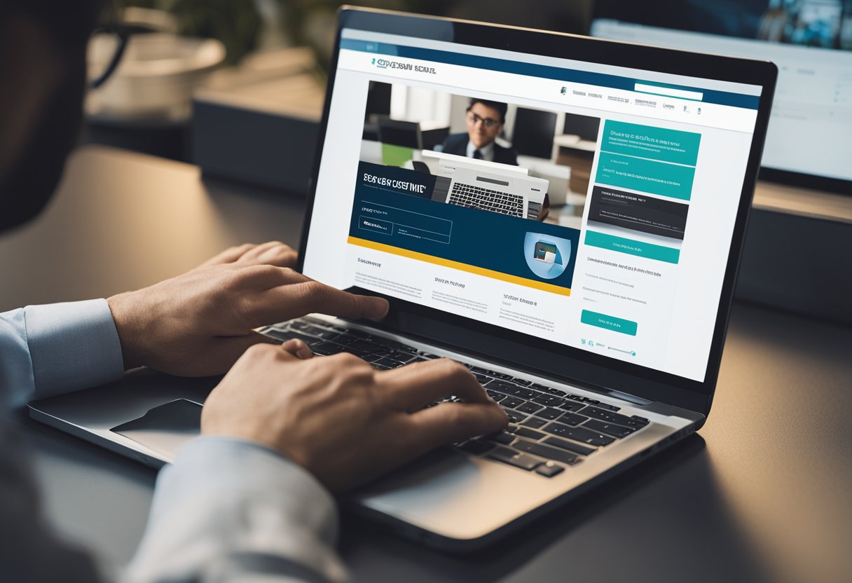Uma pessoa sentada em uma mesa, digitando em um laptop, com o site do portal do aluno do Senac exibido na tela