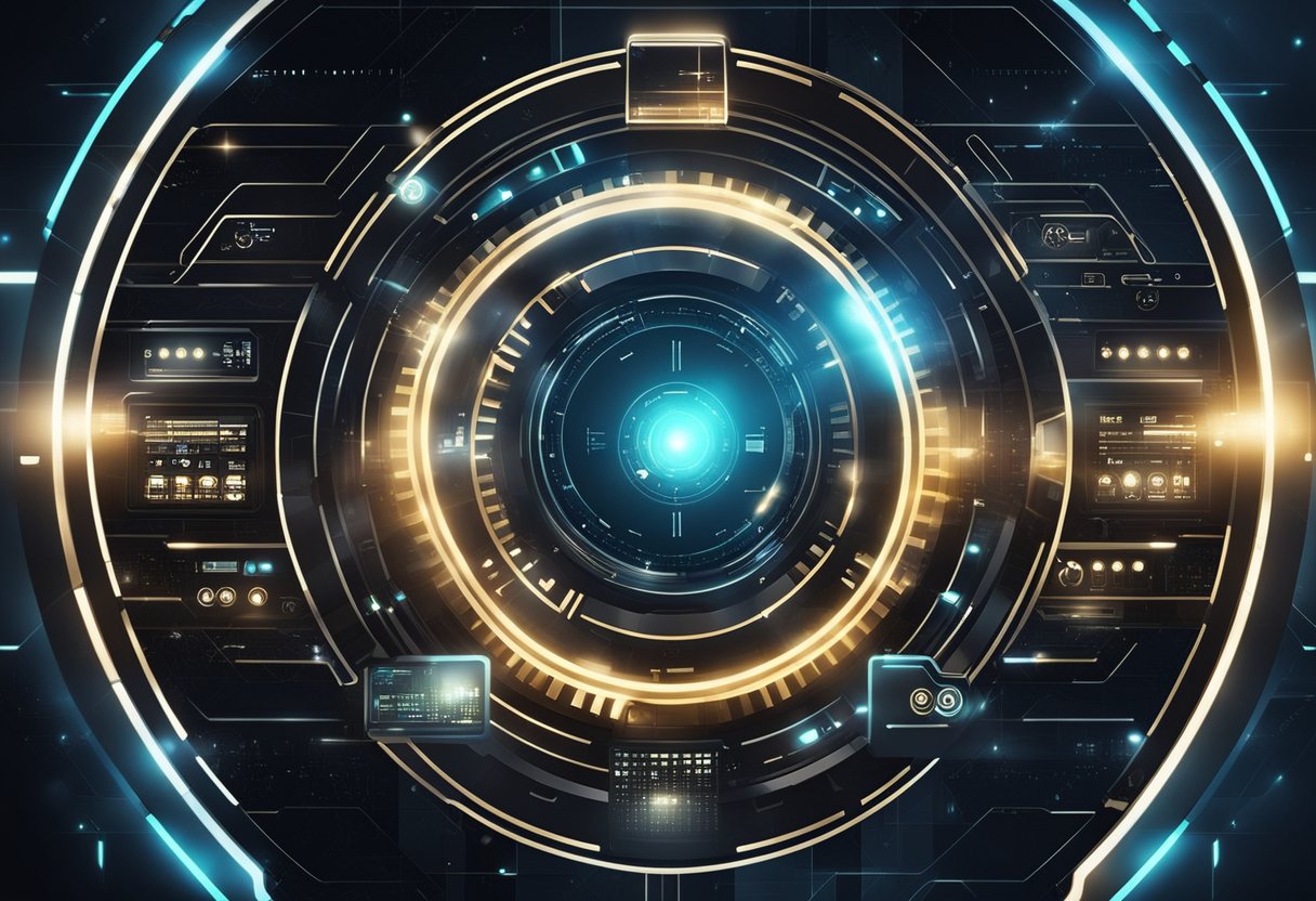 Uma interface digital futurista com elementos de design geométrico elegante e acentos brilhantes, destacando a inovação dos Fundamentos do Acesso Digital