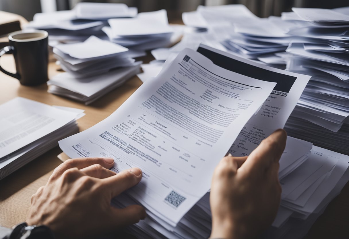 Uma pessoa procurando em uma pilha de correspondências e papéis em uma mesa, em busca de um número de telefone baseado em um endereço residencial.
