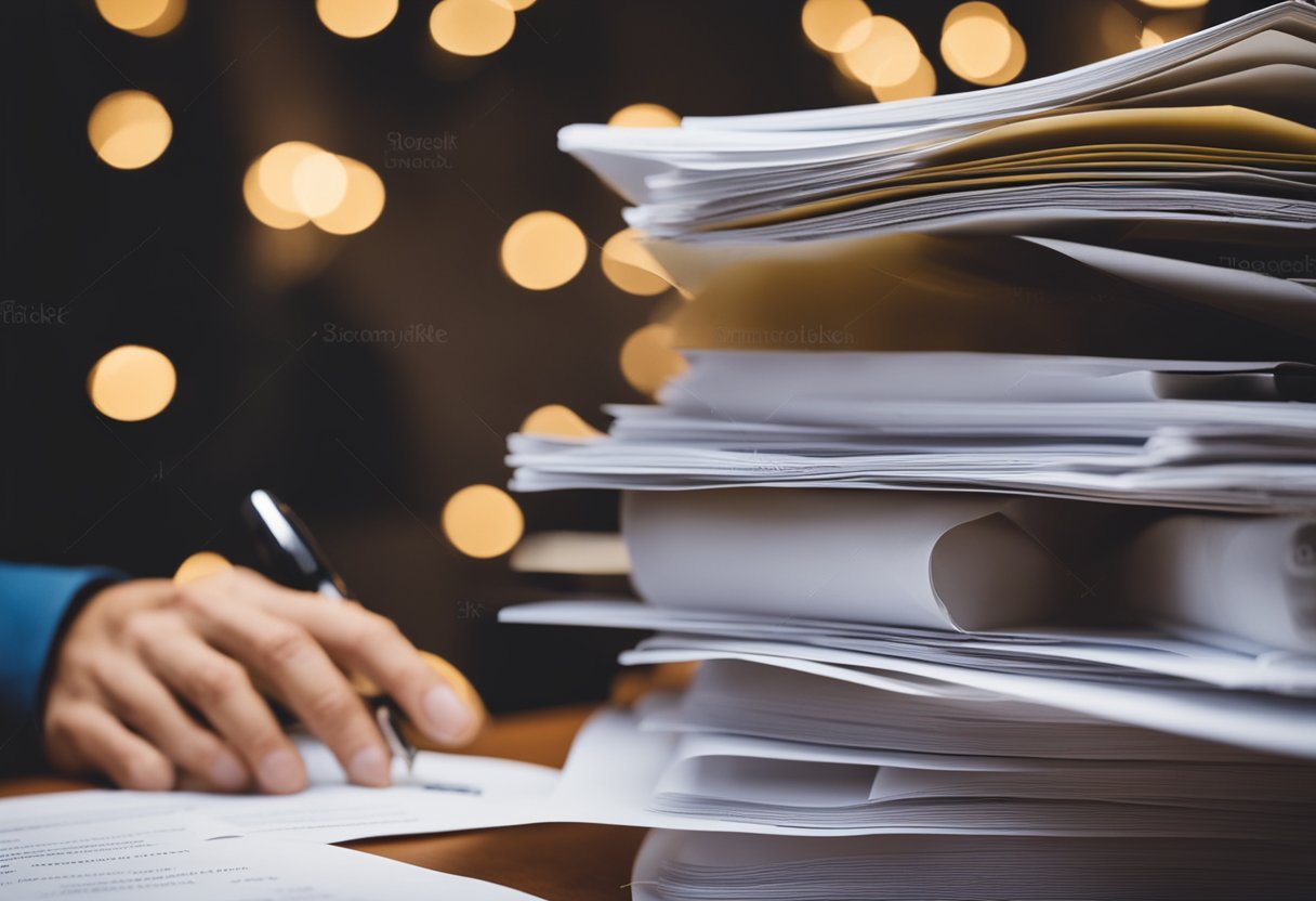 Uma pessoa vasculhando uma pilha de papéis, com um endereço residencial em uma folha e um diretório telefônico aberto na mesa.