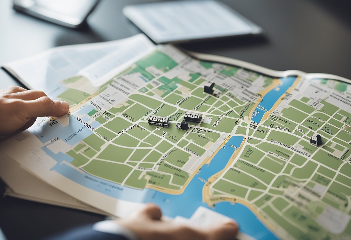 Uma pessoa usando um mapa para localizar um endereço residencial e depois usando um telefone para fazer uma chamada