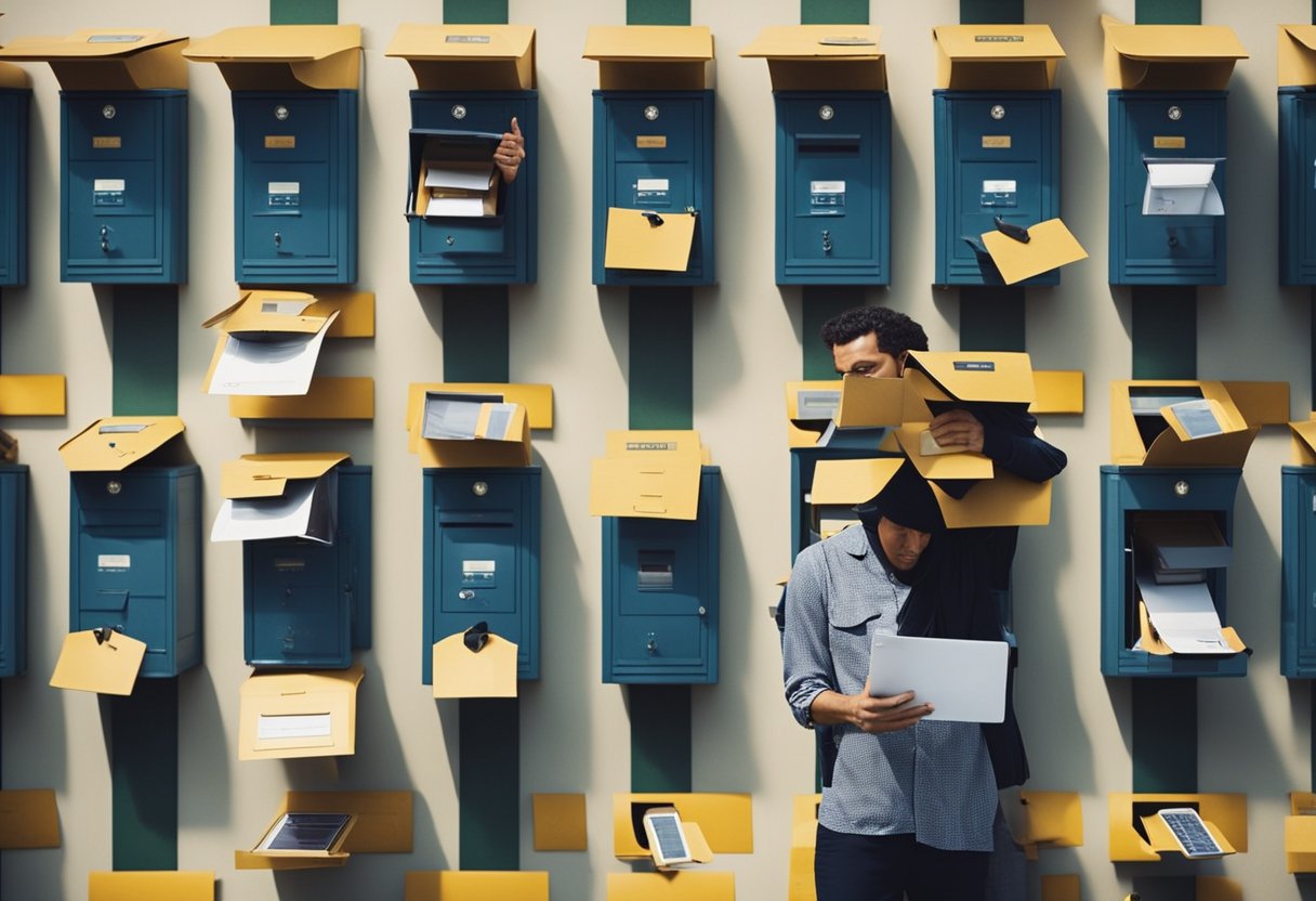 Um grupo de pessoas ansiosamente olhando para suas caixas de correio, com algumas segurando envelopes e outras verificando seus telefones em busca de atualizações sobre o auxílio adicional de R$200 do governo brasileiro.