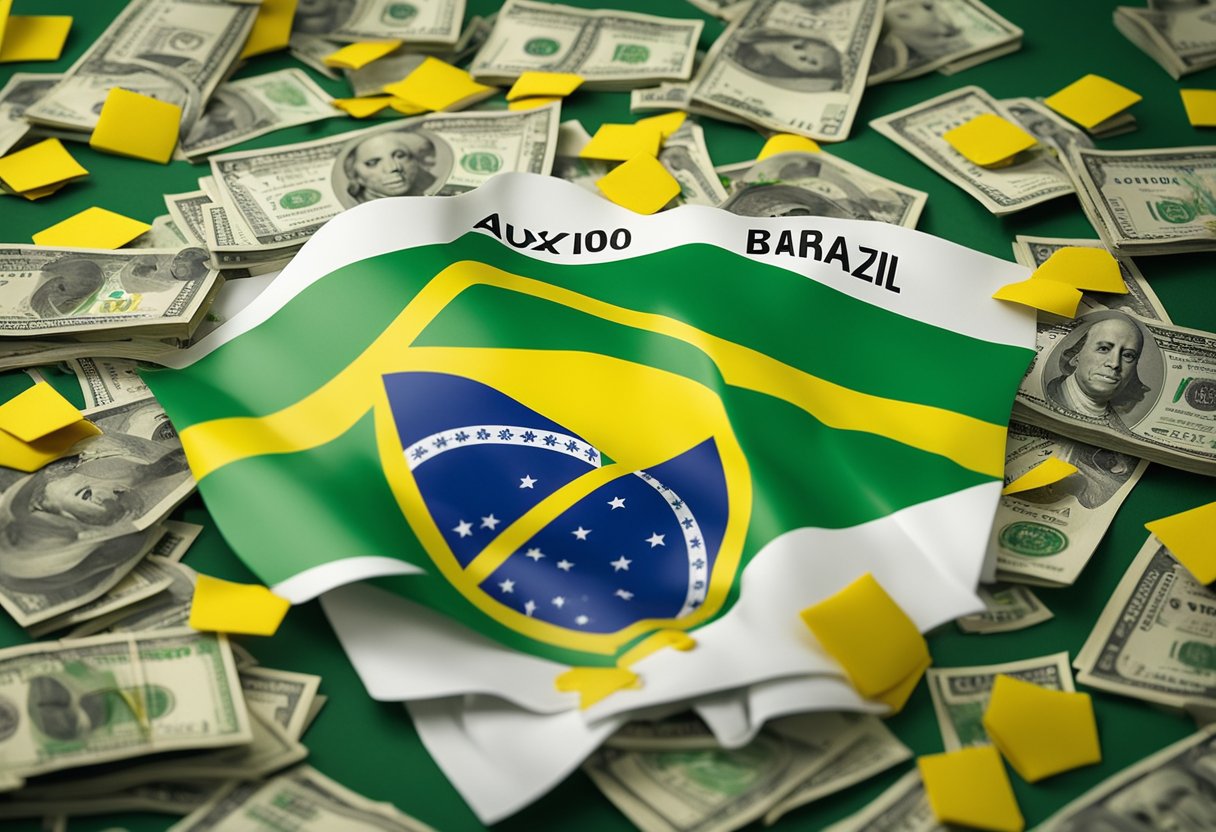 Uma mesa com confetes da bandeira brasileira espalhados e uma pilha de notas de R$200, com as palavras "Auxílio Brasil" escritas em letras garrafais.