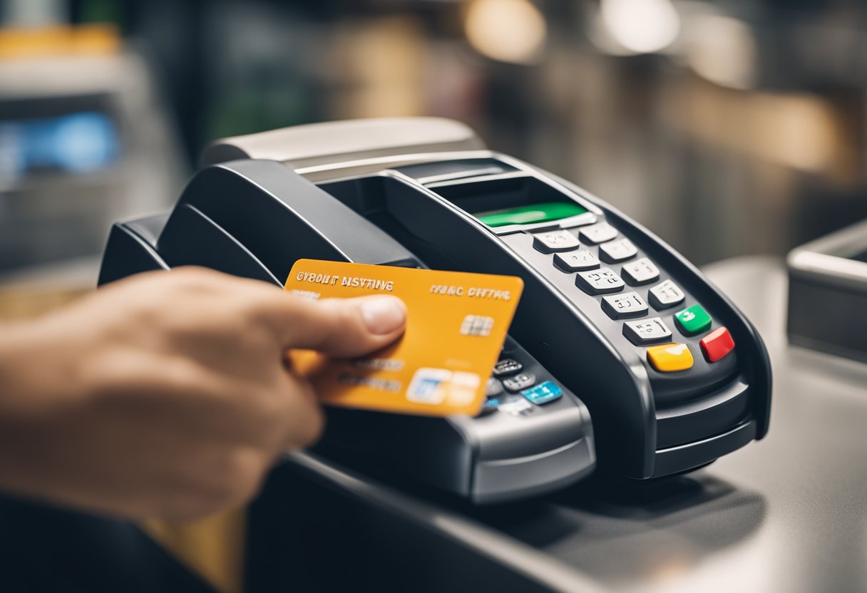 Uma mão passando um cartão de crédito em um balcão de checkout
