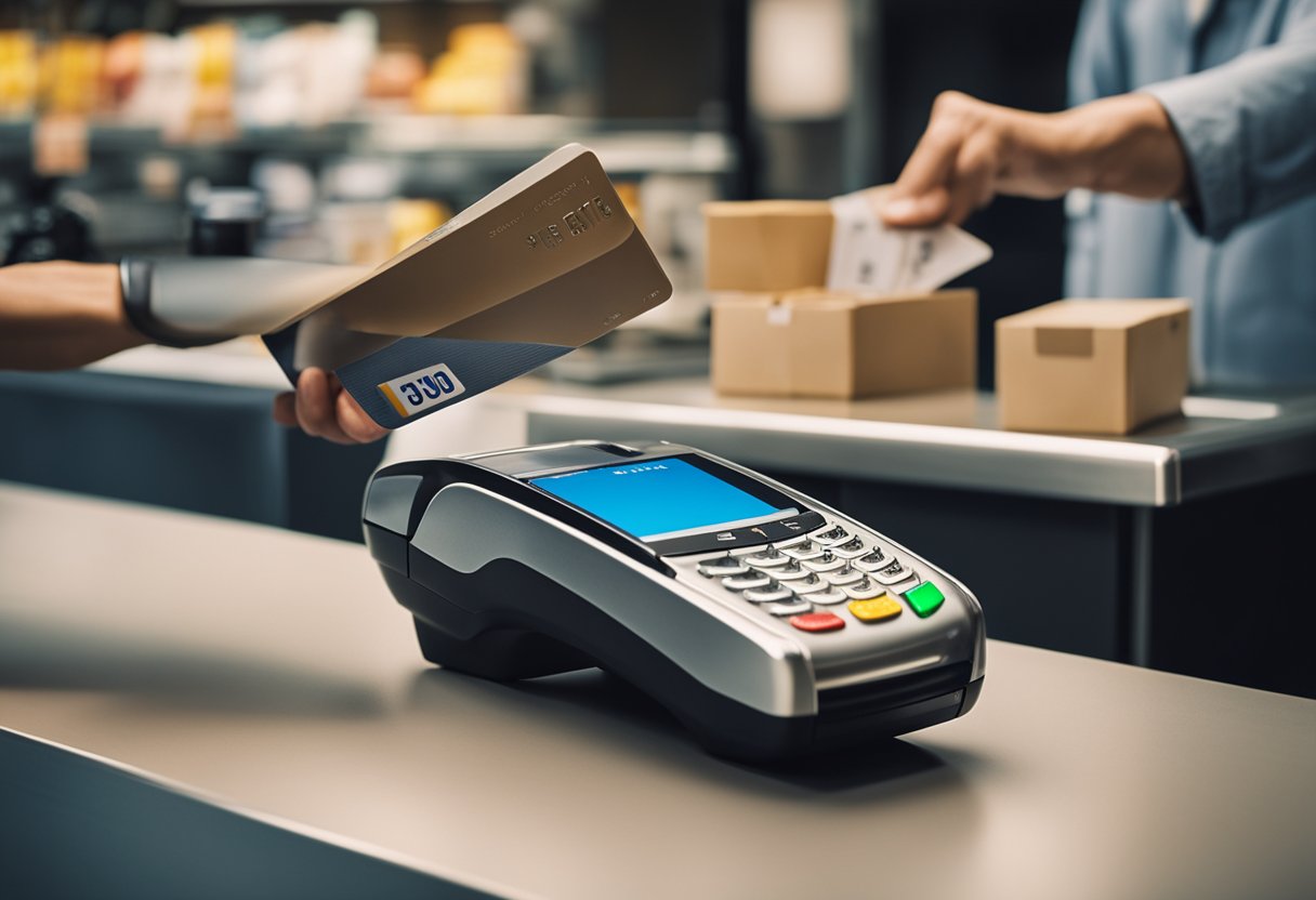 Um cartão de crédito sendo passado em um caixa com vários itens sendo escaneados e embalados.