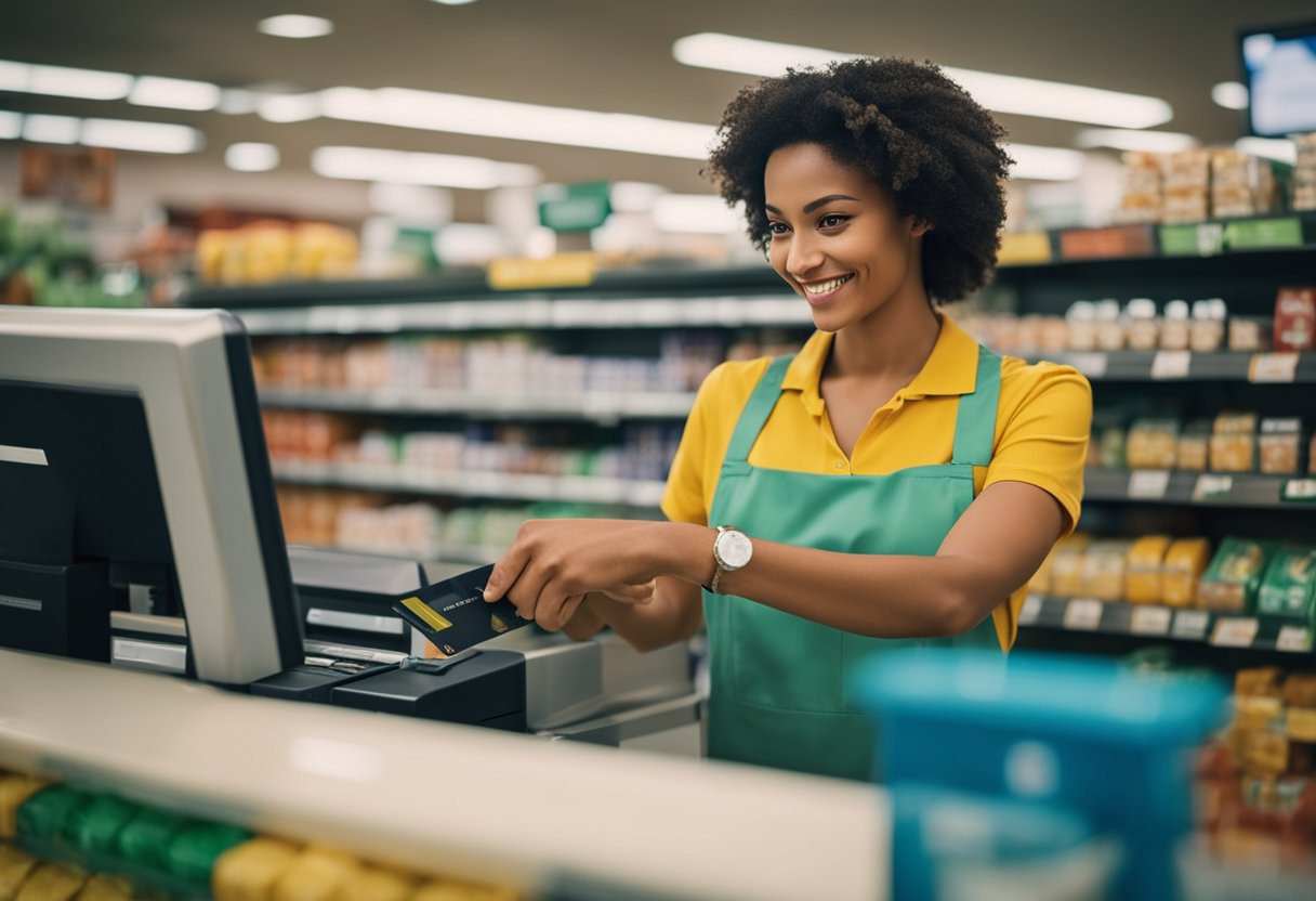 Um caixa do supermercado Assaí passando um cartão de crédito no balcão de checkout