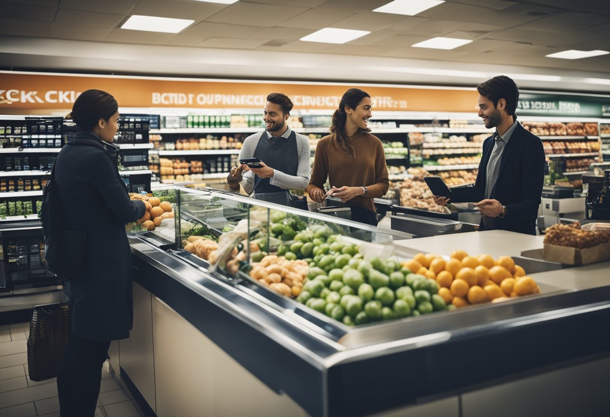 Um balcão de checkout movimentado em um supermercado, com clientes usando cartões de crédito para fazer compras