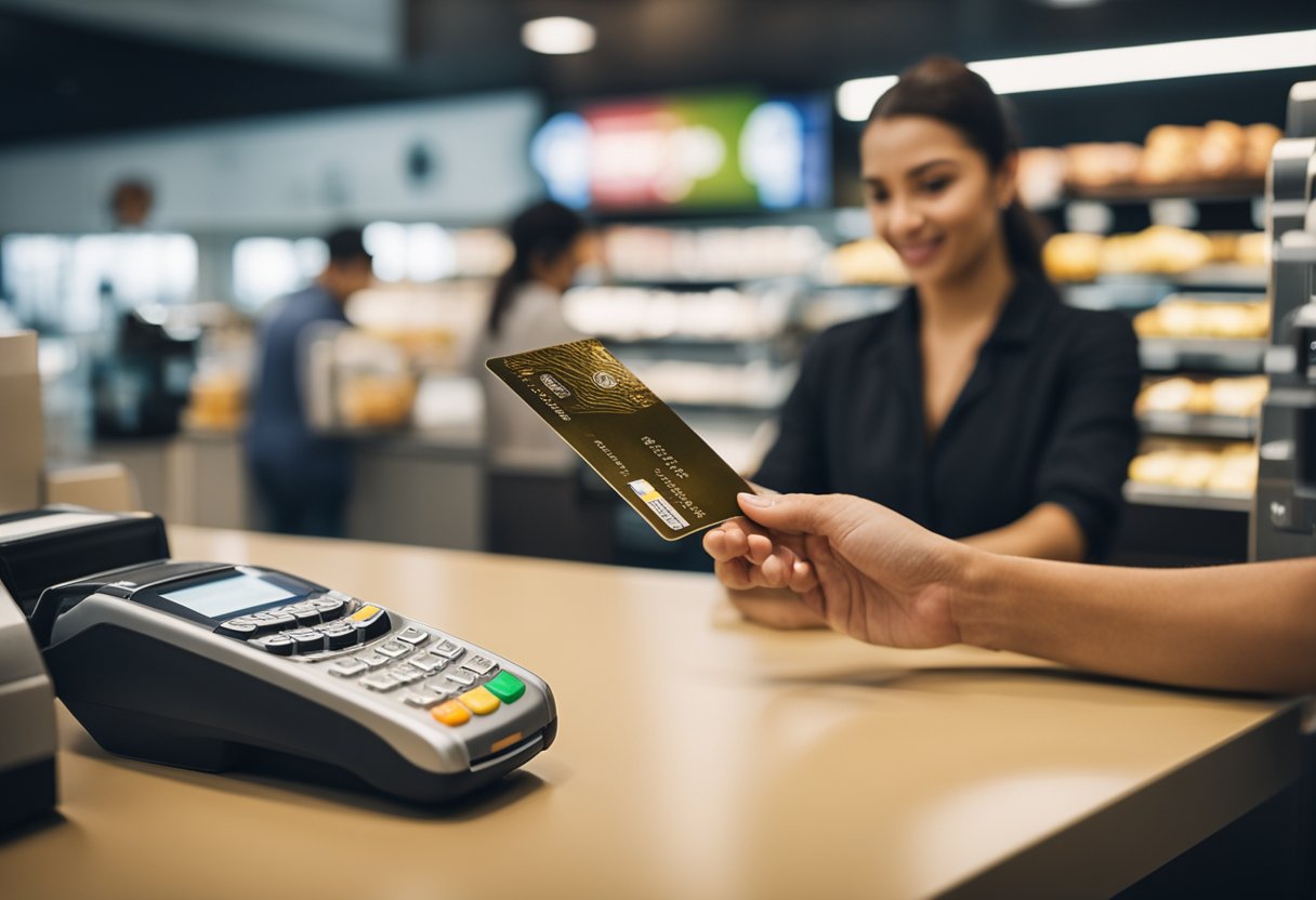 Um cliente passando um cartão de crédito no caixa do Atacadão, com o caixa processando a transação e uma linha de produtos ao fundo.