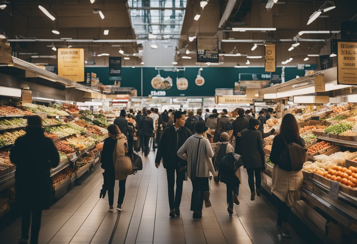Cena de mercado movimentada, com pessoas usando vales-alimentação em um grande supermercado.