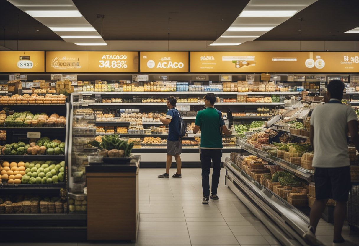 Uma loja de alimentos movimentada com um sinal proeminente do "Atacadão", clientes usando ticket alimentação no caixa e vários produtos em exibição.