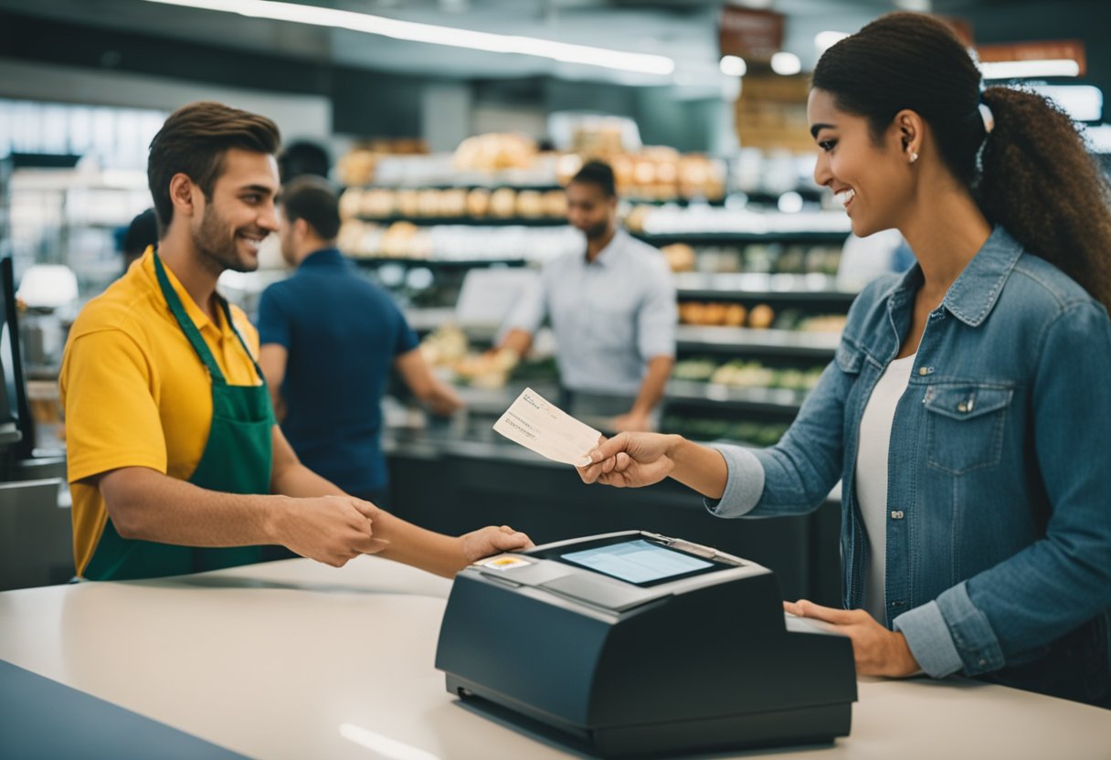 Um caixa do Atacadão aceitando um ticket alimentação de um cliente