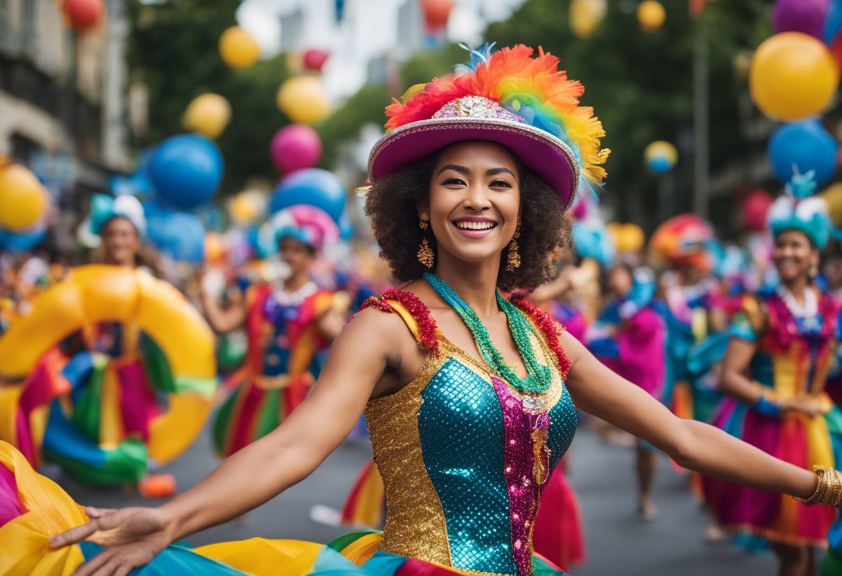 Floats coloridos e dançarinos enchem as ruas para o carnaval do feriado nacional de 2025. Música e risadas preenchem o ar enquanto as festividades continuam.