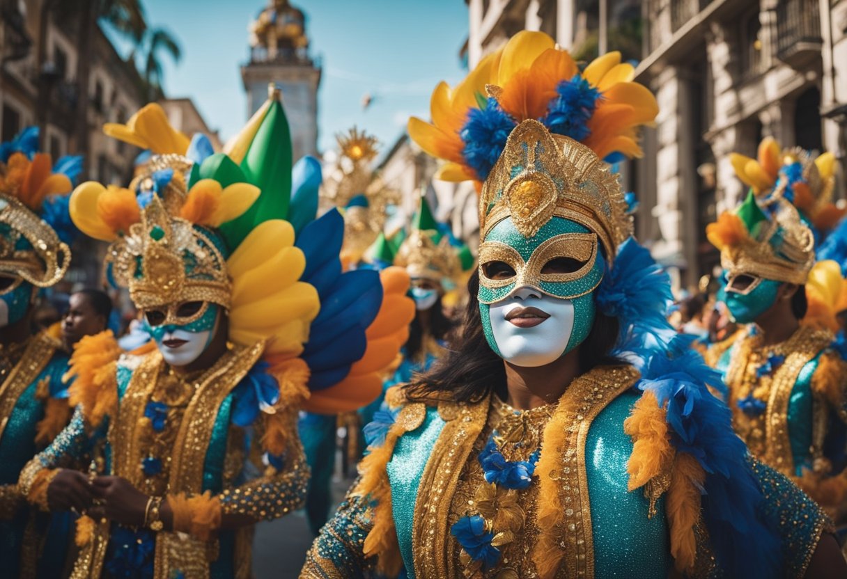 Uma vibrante parada de carros alegóricos coloridos e dançarinos toma as ruas, com pessoas vestindo fantasias e máscaras elaboradas, celebrando o feriado nacional do Carnaval 2025.