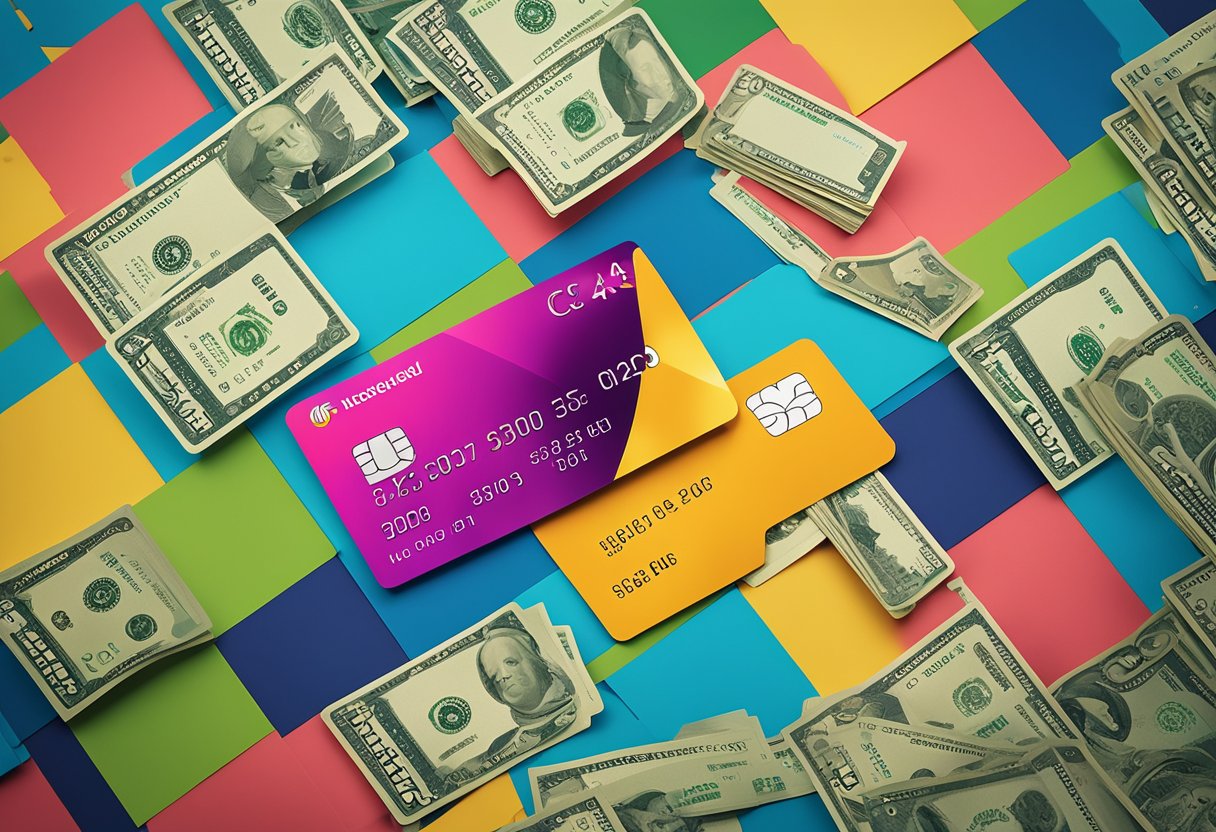 Um cartão colorido do C6 Bank cercado por símbolos de dinheiro e um sinal de isenção de taxas