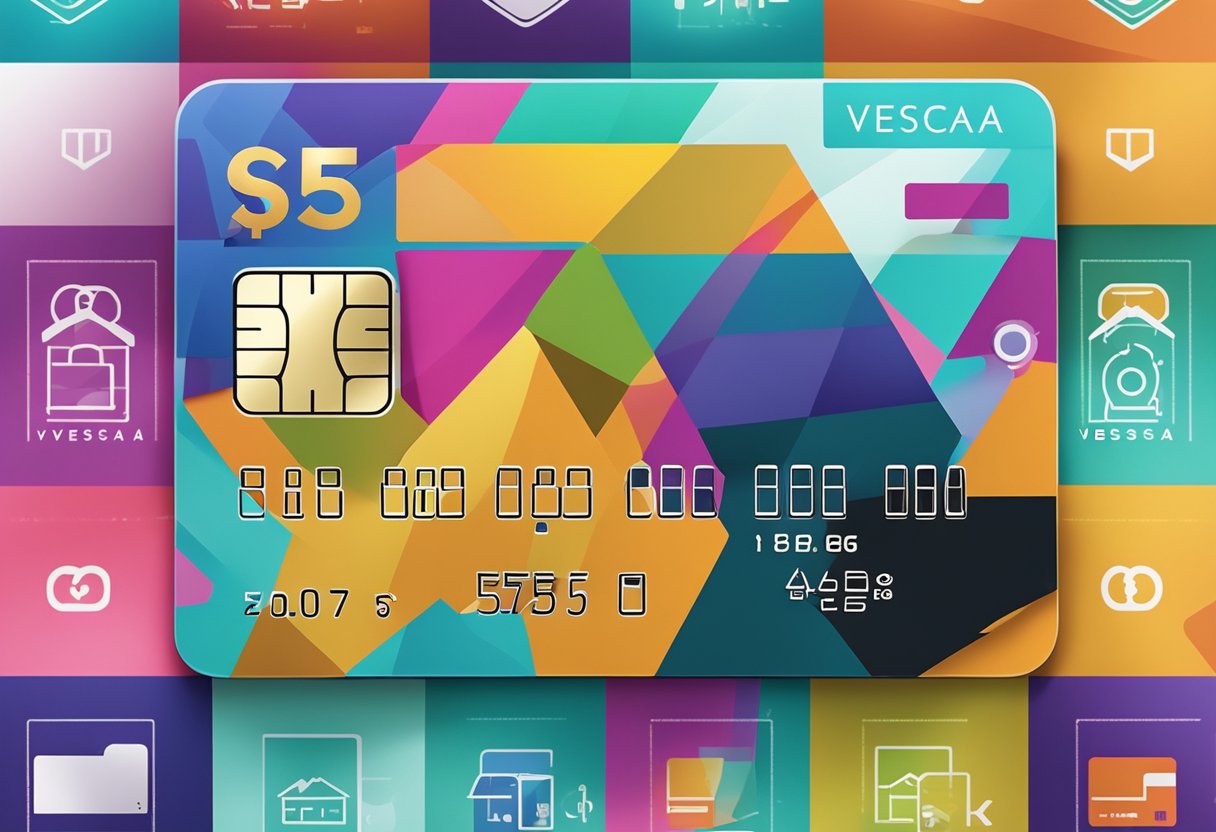 Um cartão de crédito colorido com o logo da Vestcasa, cercado por símbolos de casa e compras, com um design claro e simples.