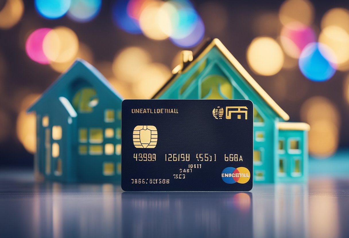 Um cartão de crédito colorido com um emblema de casa, cercado por símbolos de economia e benefícios