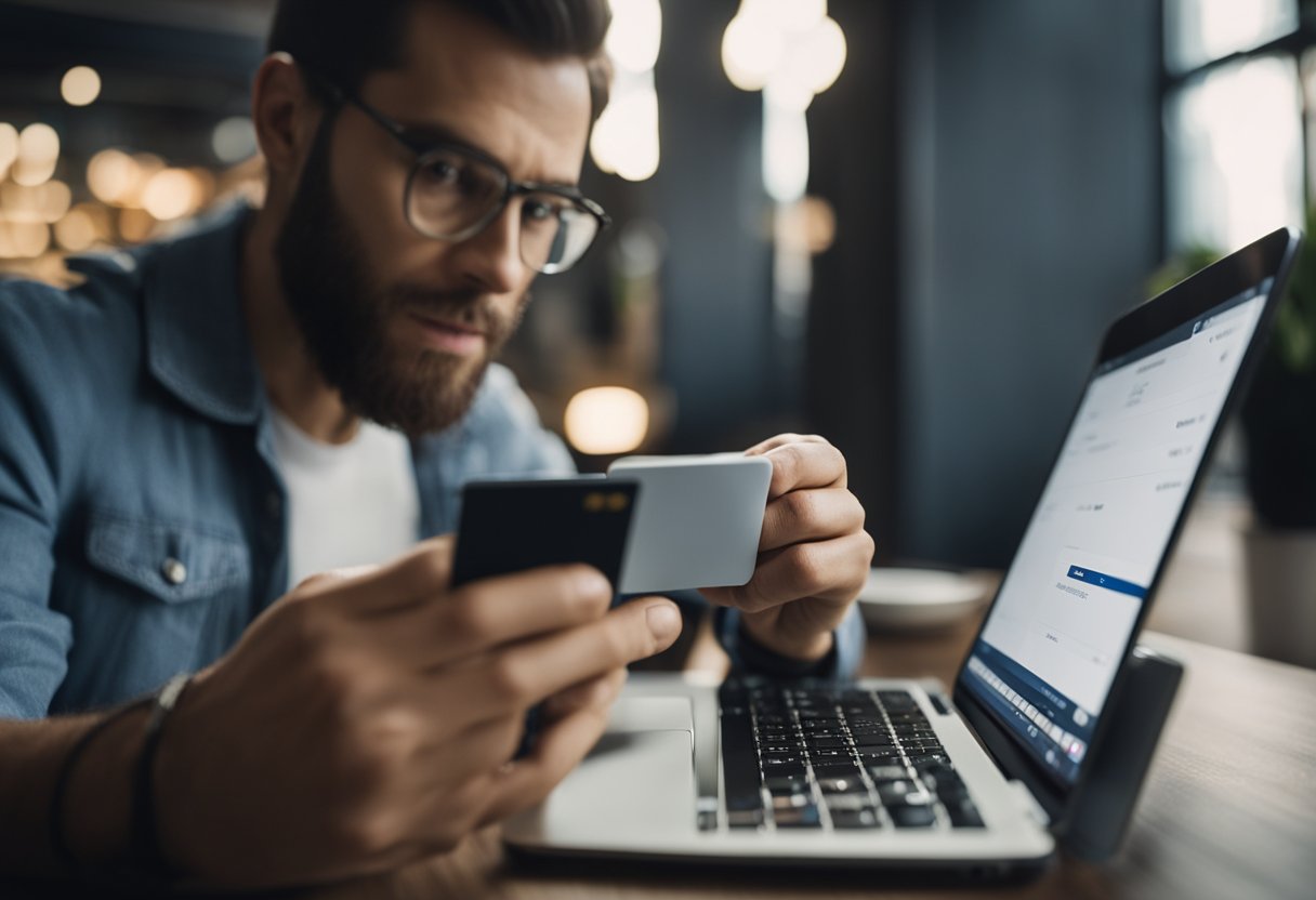 Uma pessoa segurando um cartão de crédito Riachuelo e um telefone, com uma expressão confusa enquanto procura o processo de cancelamento online.