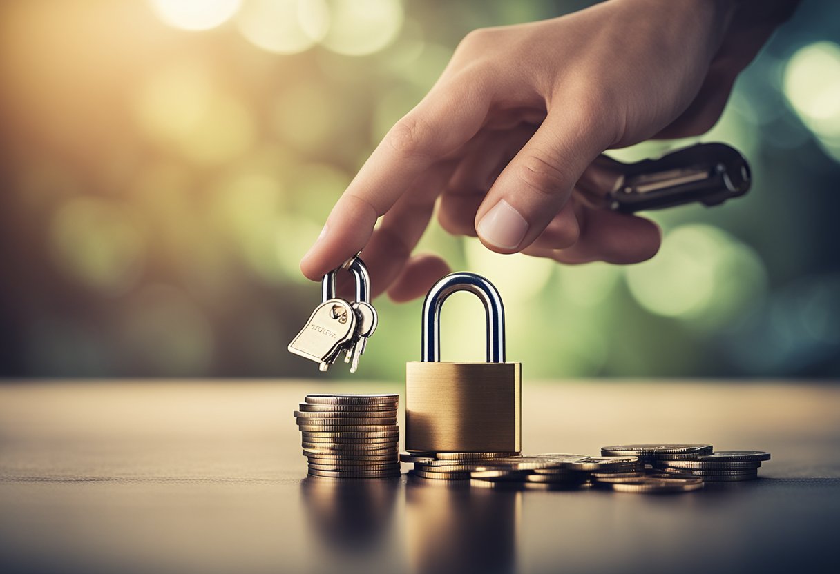 Uma mão alcançando um cadeado em uma pilha de moedas, com uma chave próxima.