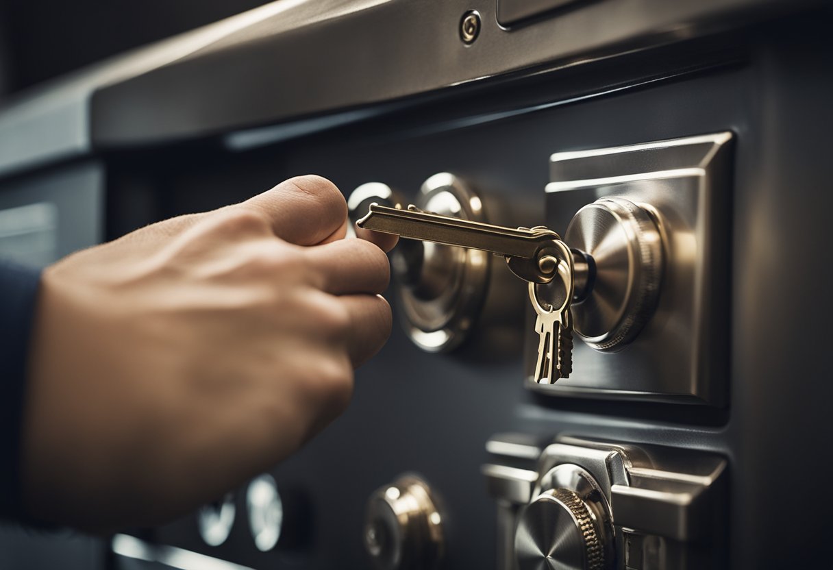 Uma mão se estendendo em direção a um cofre trancado, com uma chave na fechadura e um senso de antecipação