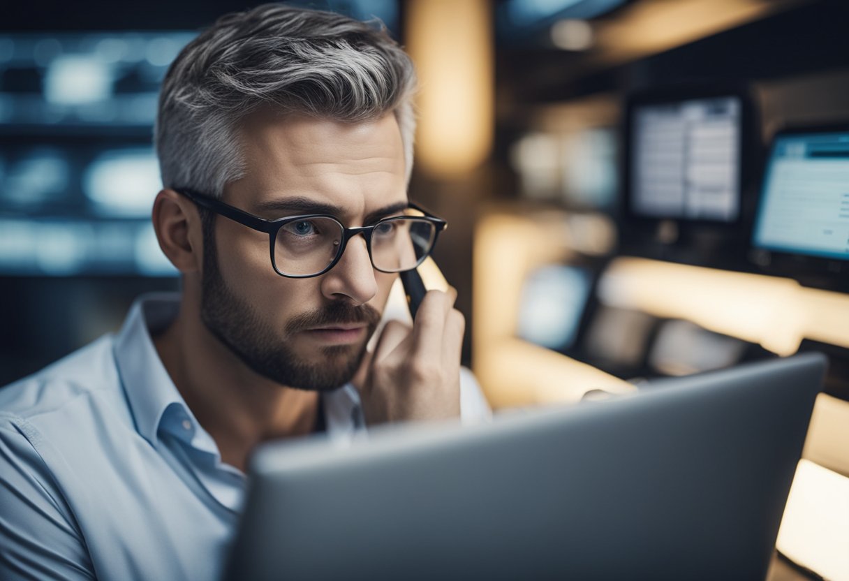 Uma pessoa olhando para a tela do computador, com uma expressão confusa, tentando lembrar ou descobrir o e-mail que usou para se registrar no Caixa Tem.