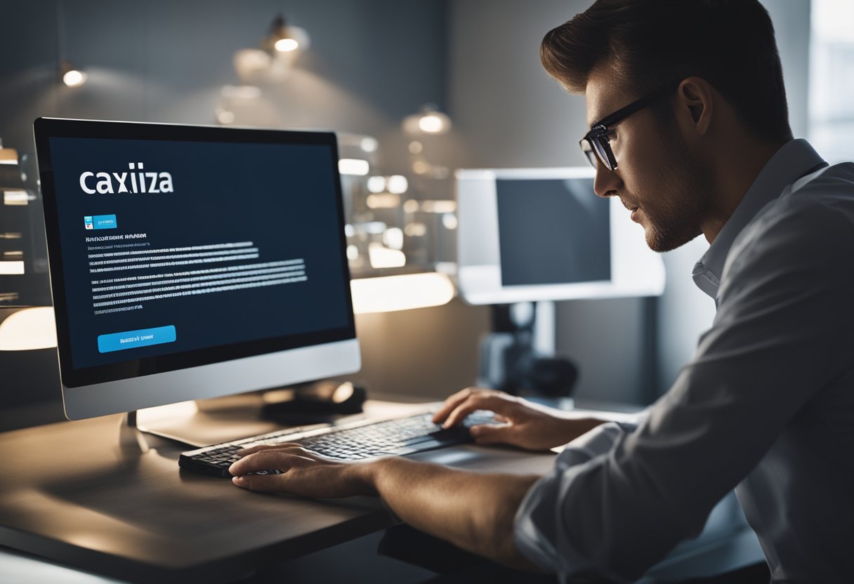 Uma pessoa sentada em um computador, olhando para o site do Caixa Tem com uma expressão confusa, enquanto digita no teclado e procura seu e-mail cadastrado.