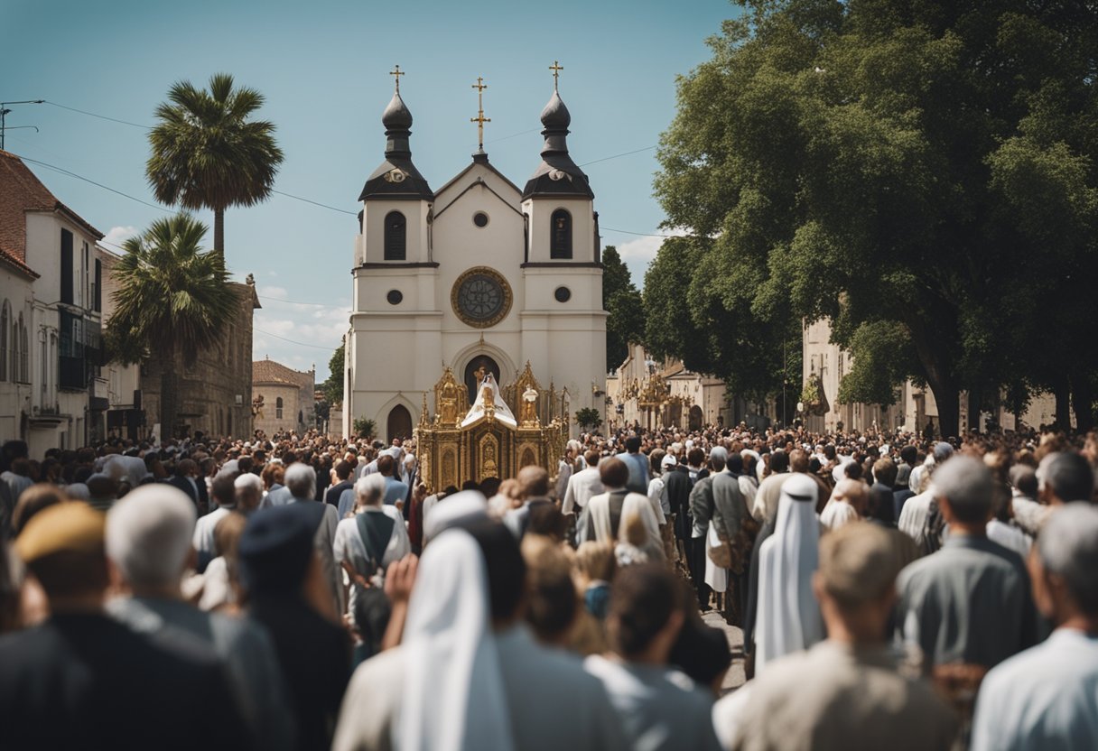 Uma igreja com uma procissão de pessoas carregando símbolos religiosos, seguida por uma multidão de espectadores, celebrando o Corpus Christi.