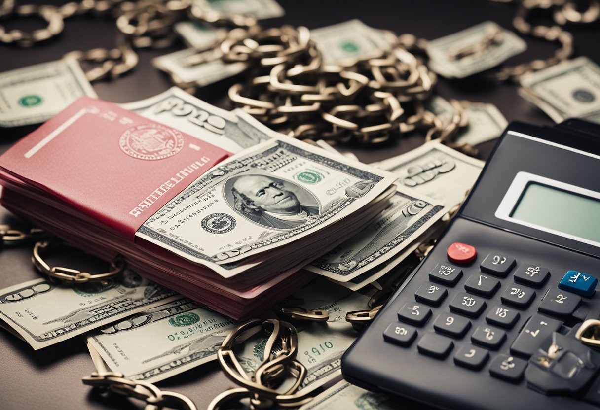 Uma pilha de contas com um carimbo vermelho de "protestado", cercada por correntes quebradas, e uma calculadora mostrando diferentes opções de pagamento