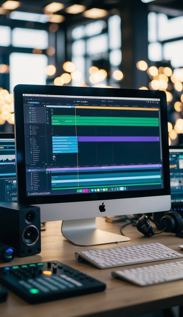 A computer screen displaying a video editing software with multiple timelines and layers, surrounded by various editing tools and equipment