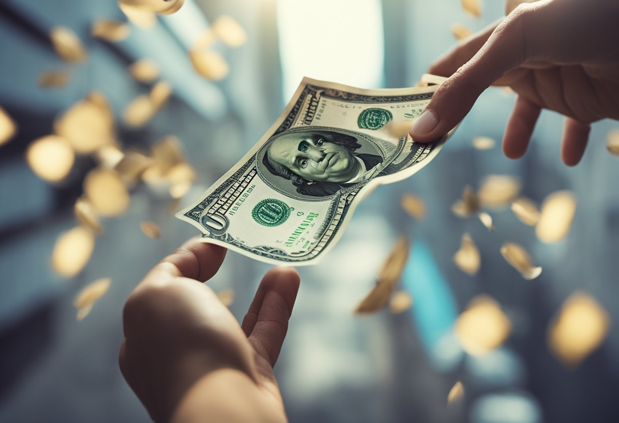 Uma mão se estendendo para pegar dinheiro caindo de um empréstimo do Nubank