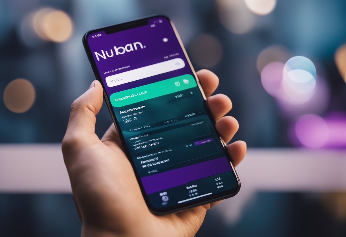 Uma mão segurando um smartphone com o aplicativo Nubank aberto, mostrando uma transação de empréstimo bem-sucedida com o dinheiro depositado instantaneamente na conta.